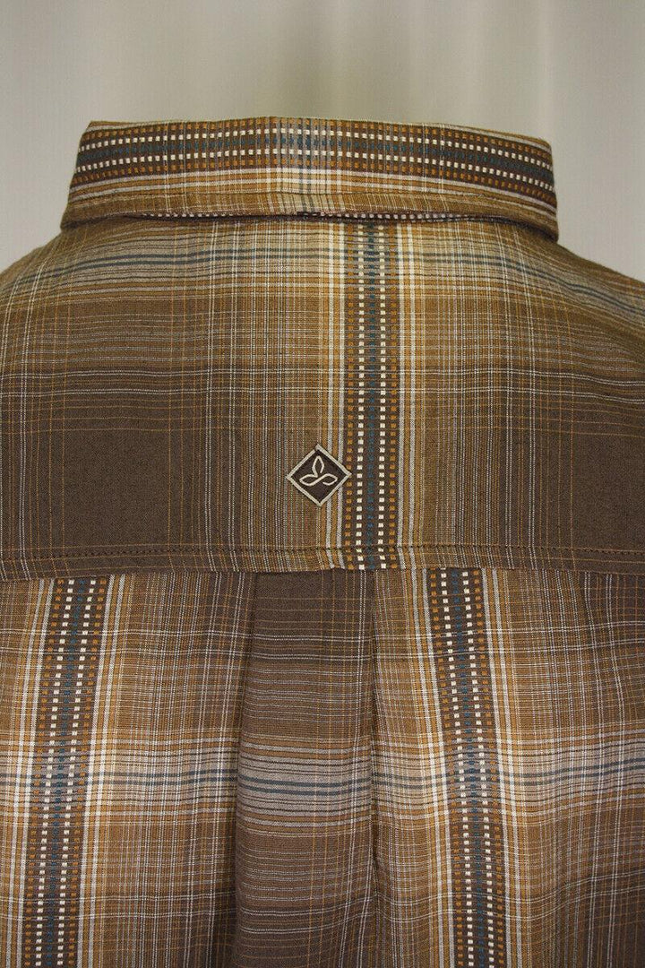 prAna Men's Brown Orange Blue Plaid L/S Woven Shirt (S63)
