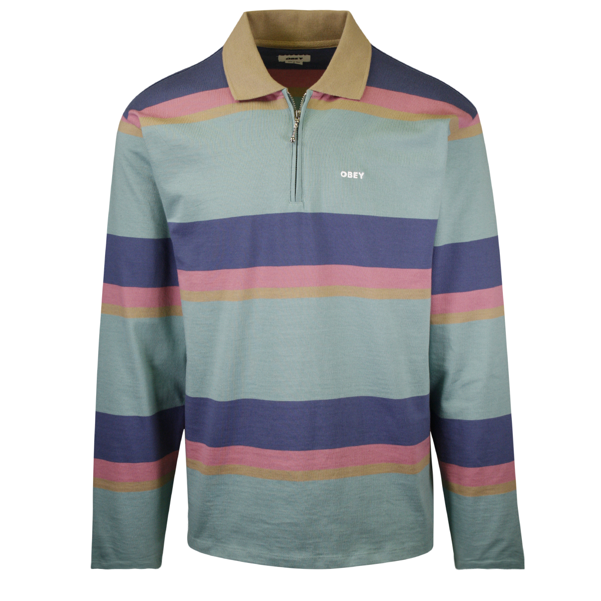 OBEY Men's Dark Pastel Striped Zip L/S Polo Shirt (S15)