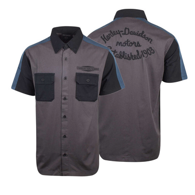 Harley-Davidson Men's Grey Black Blue Est. 1903 Colorblock S/S Woven Shirt (S36)