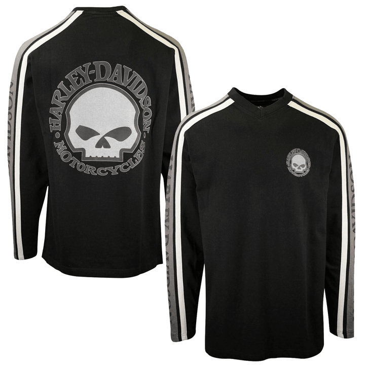 HD Branded Men's Black Grey Skull V-Neck L/S Sweater