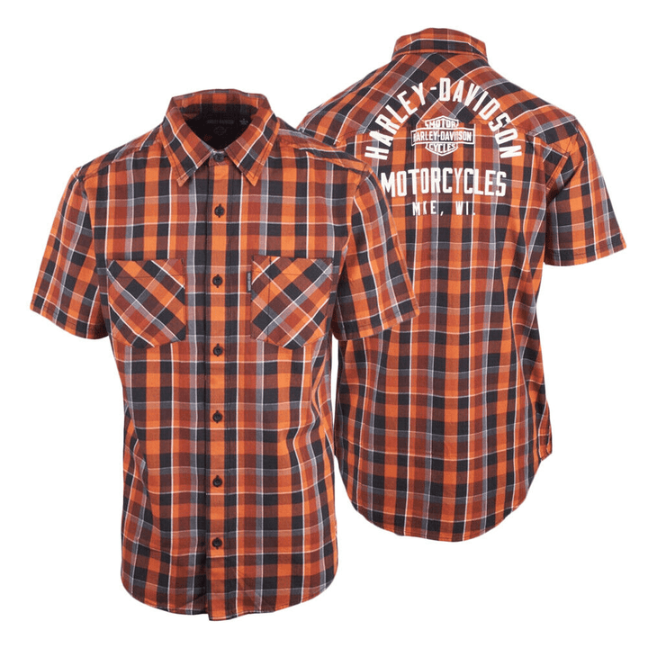 HD Branded Men's Orange Black Plaid MKE S/S Woven Shirt (S45)